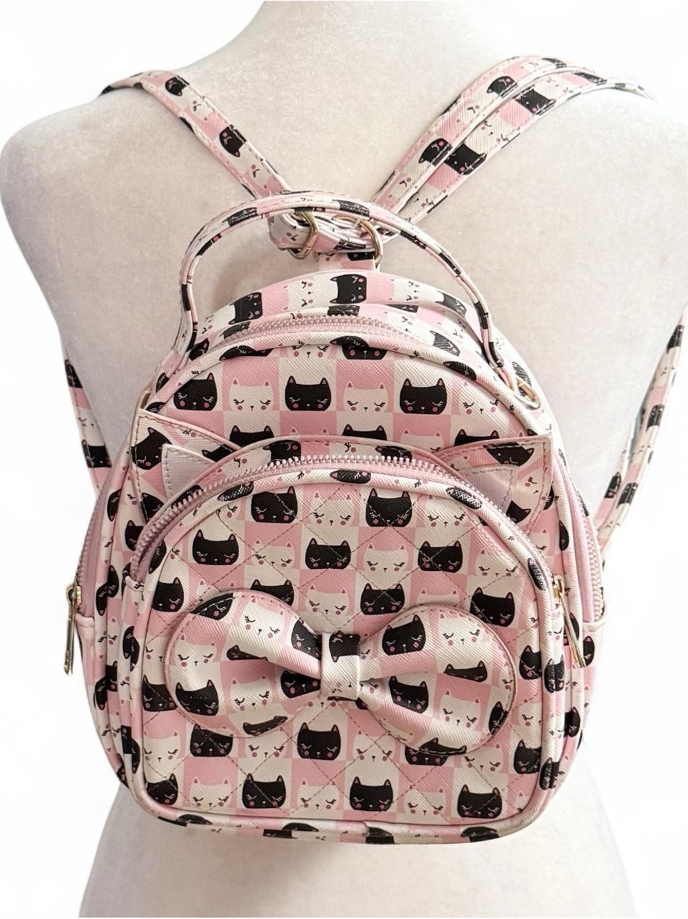 Under One Sky Pink Cat Print Mini Backpack Purse w/ Bow